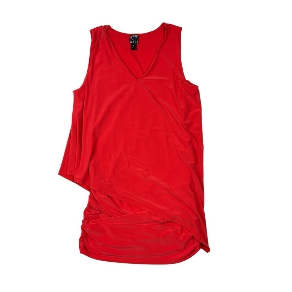 Clara Sunwoo Red Orange V-Neck Ruched Asymmetrical Mini Dress